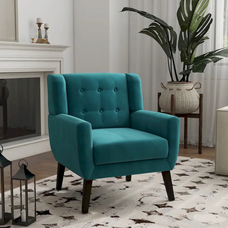 Fauteuil d'appoint capitonné en velours avec pieds en bois massif