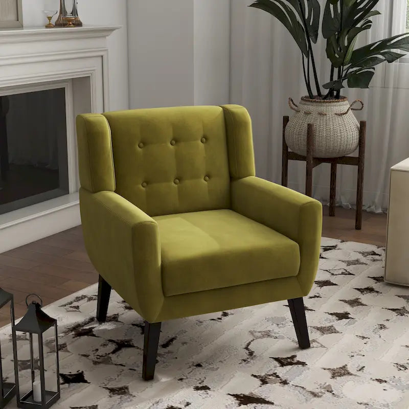 Fauteuil d'appoint capitonné en velours avec pieds en bois massif
