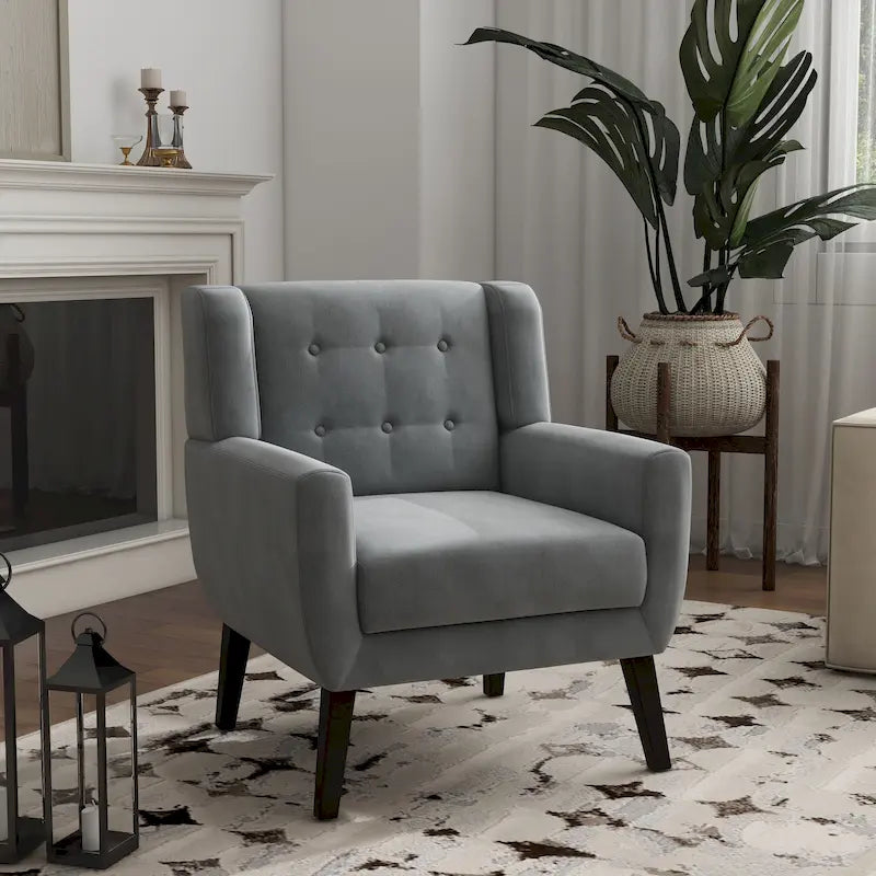 Fauteuil d'appoint capitonné en velours avec pieds en bois massif
