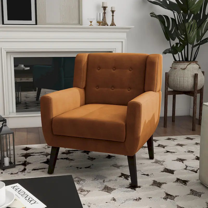 Fauteuil d'appoint capitonné en velours avec pieds en bois massif