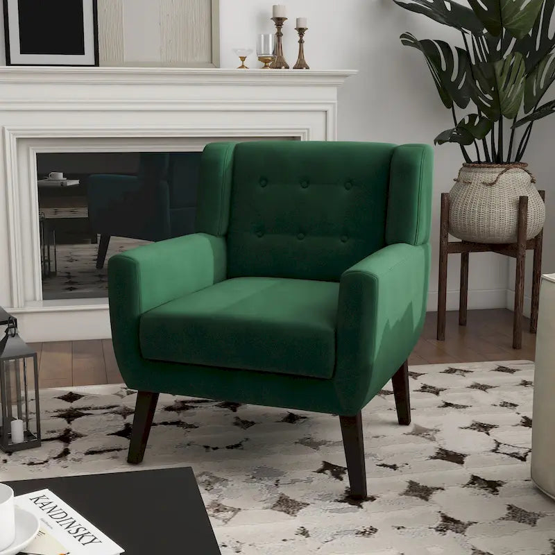 Fauteuil d'appoint capitonné en velours avec pieds en bois massif