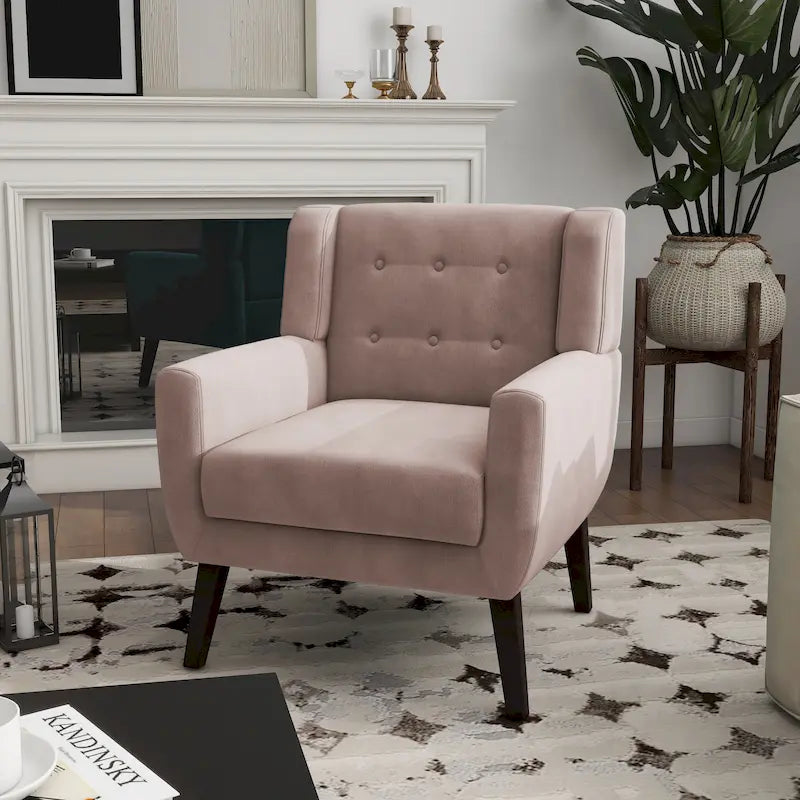 Fauteuil d'appoint capitonné en velours avec pieds en bois massif