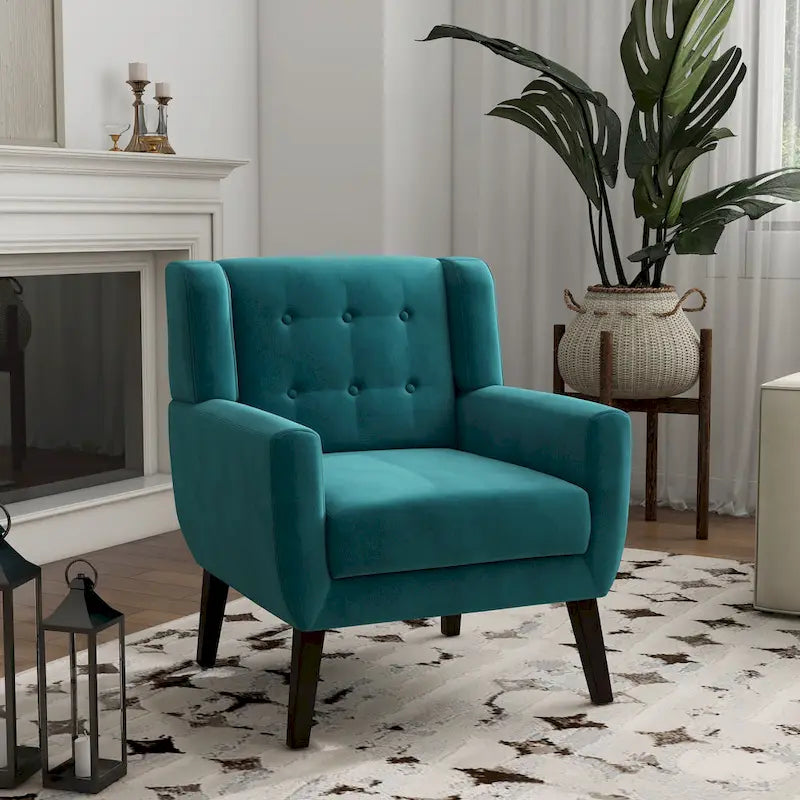 Fauteuil d'appoint capitonné en velours avec pieds en bois massif