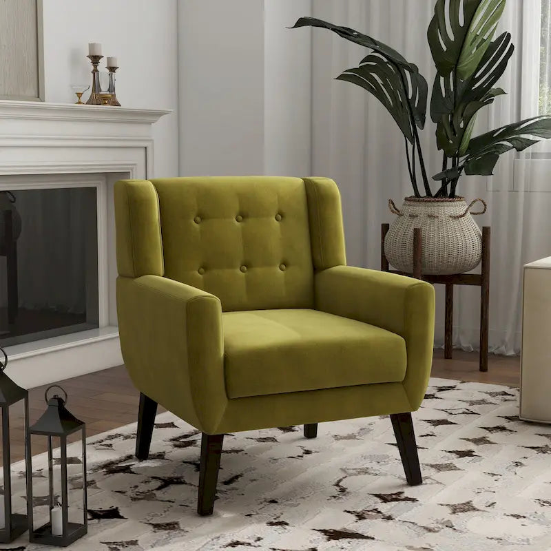 Fauteuil d'appoint capitonné en velours avec pieds en bois massif