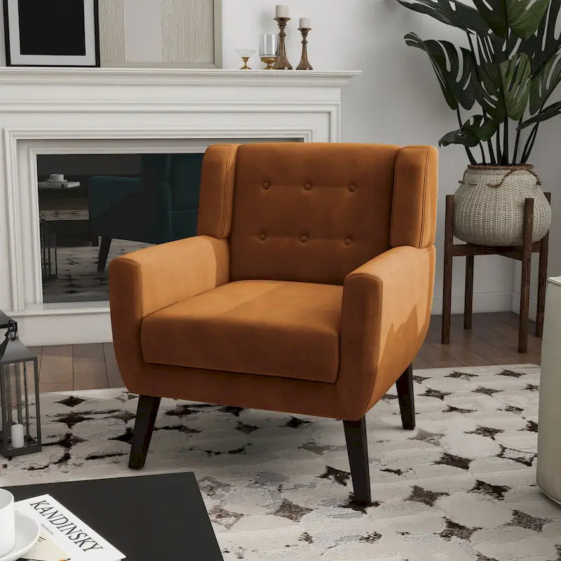 Fauteuil d'appoint capitonné en velours avec pieds en bois massif
