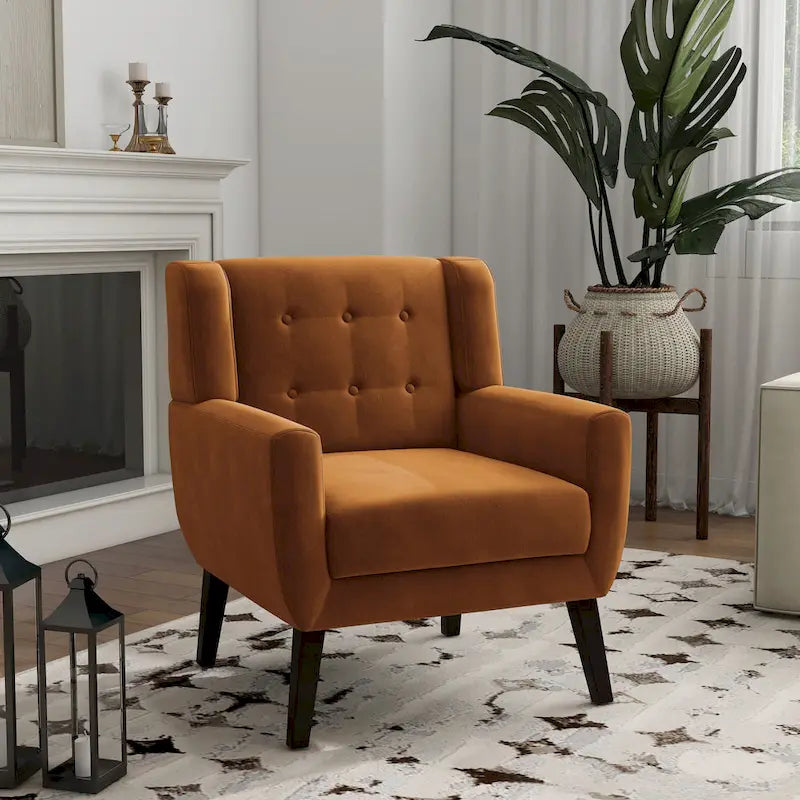 Fauteuil d'appoint capitonné en velours avec pieds en bois massif
