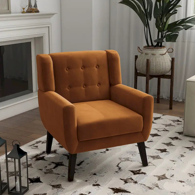 Fauteuil d'appoint capitonné en velours avec pieds en bois massif
