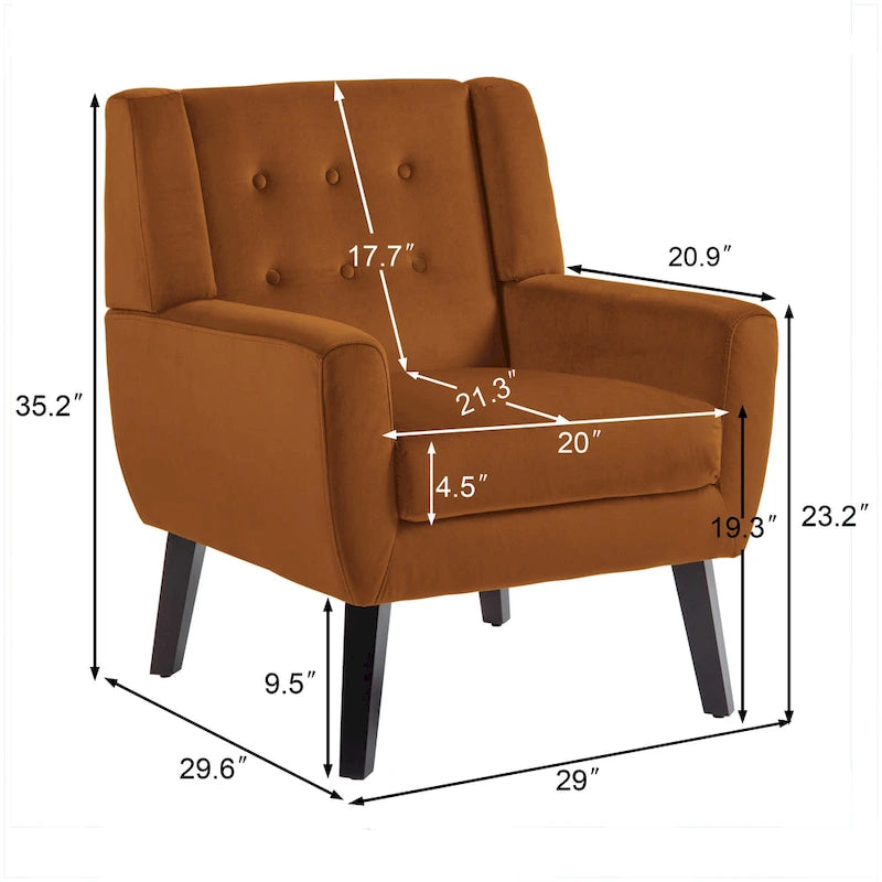 Fauteuil d'appoint capitonné en velours avec pieds en bois massif