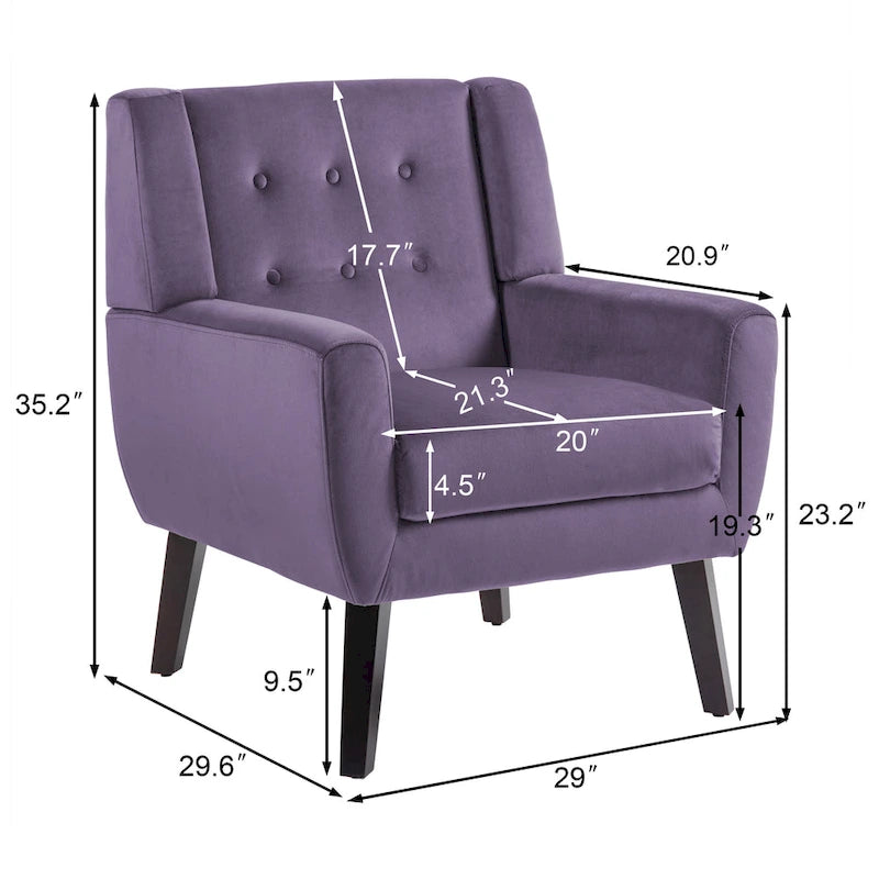 Fauteuil d'appoint capitonné en velours avec pieds en bois massif