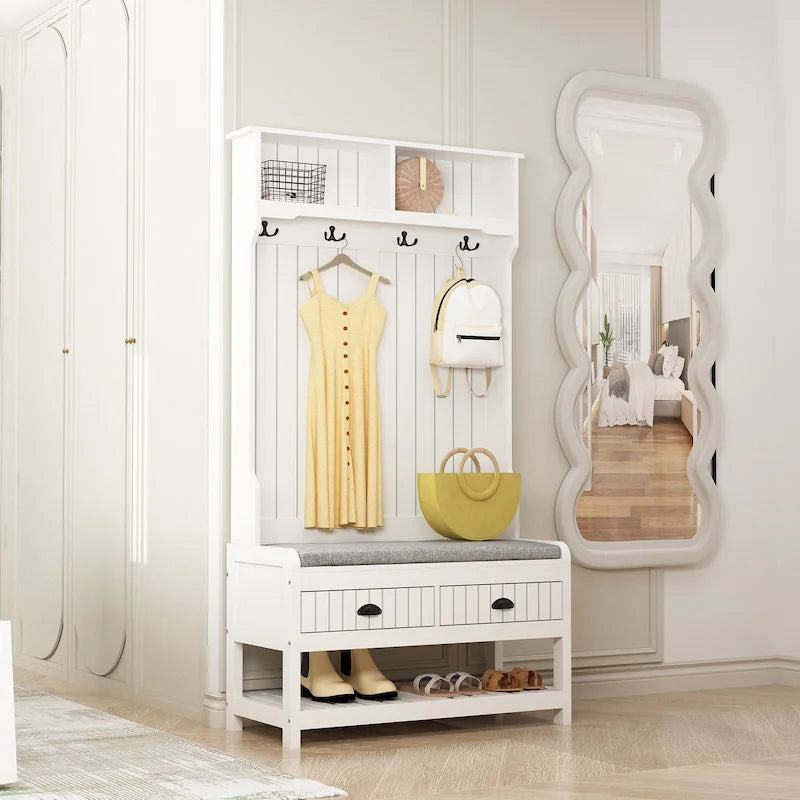 Porte-manteau d'entrée 3-en-1 de 174 cm avec banc, étagère à chaussures, patères et armoire de rangement