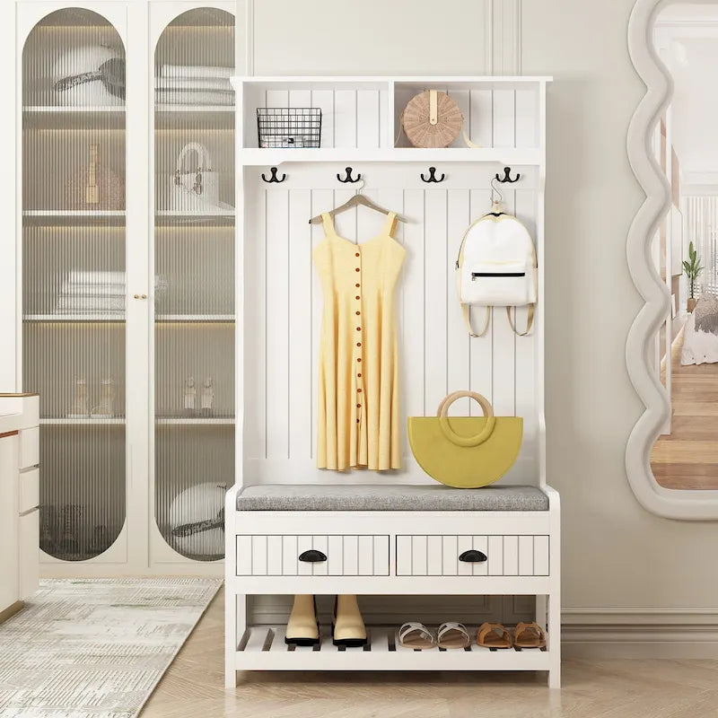 Porte-manteau d'entrée 3-en-1 de 174 cm avec banc, étagère à chaussures, patères et armoire de rangement