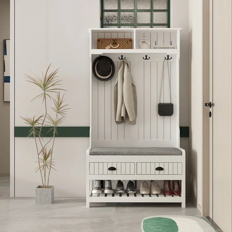Porte-manteau d'entrée 3-en-1 de 174 cm avec banc, étagère à chaussures, patères et armoire de rangement
