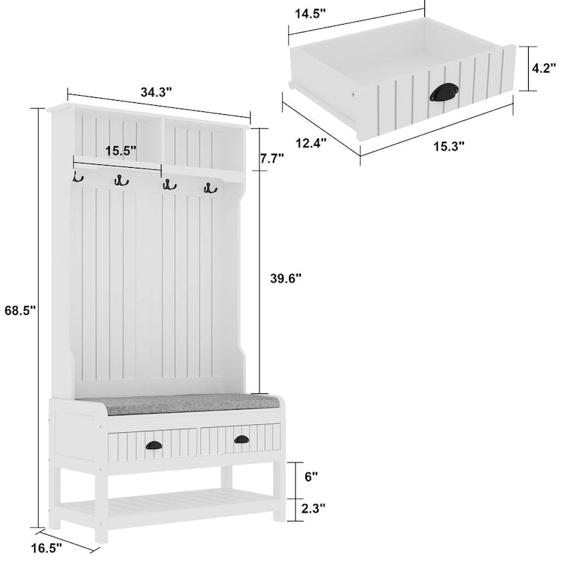 Porte-manteau d'entrée 3-en-1 de 174 cm avec banc, étagère à chaussures, patères et armoire de rangement