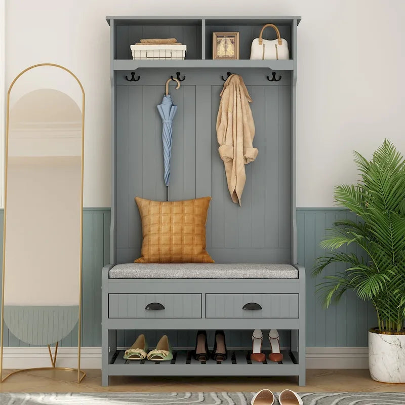 Porte-manteau d'entrée 3-en-1 de 174 cm avec banc, étagère à chaussures, patères et armoire de rangement