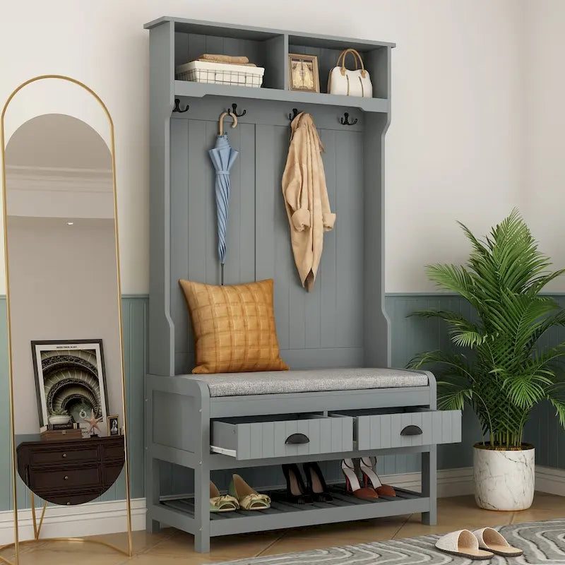 Porte-manteau d'entrée 3-en-1 de 174 cm avec banc, étagère à chaussures, patères et armoire de rangement