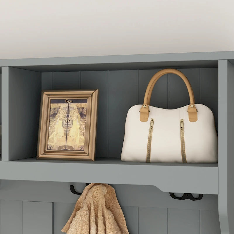 Porte-manteau d'entrée 3-en-1 de 174 cm avec banc, étagère à chaussures, patères et armoire de rangement