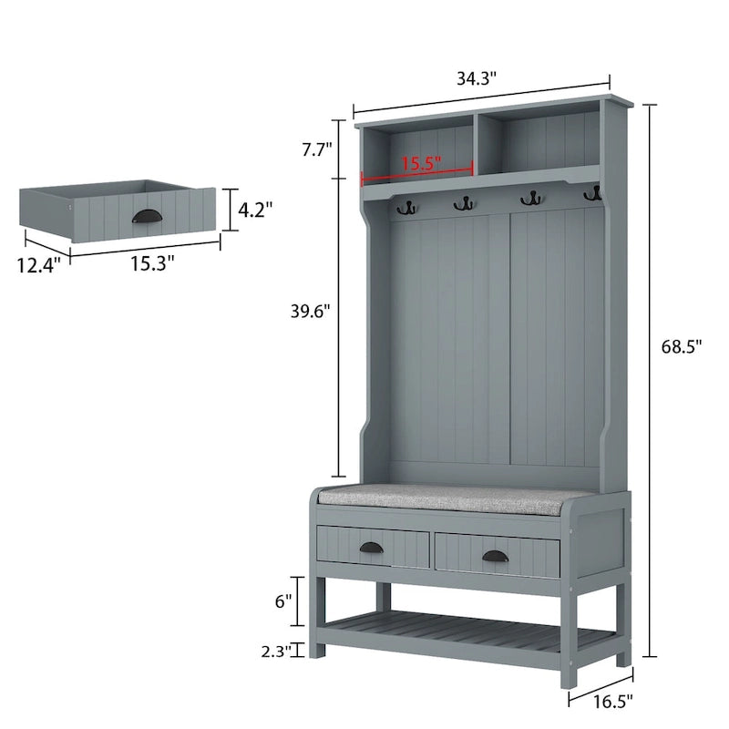 Porte-manteau d'entrée 3-en-1 de 174 cm avec banc, étagère à chaussures, patères et armoire de rangement