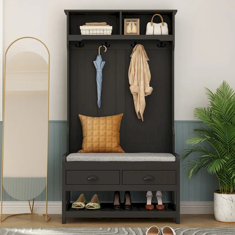 Porte-manteau d'entrée 3-en-1 de 174 cm avec banc, étagère à chaussures, patères et armoire de rangement