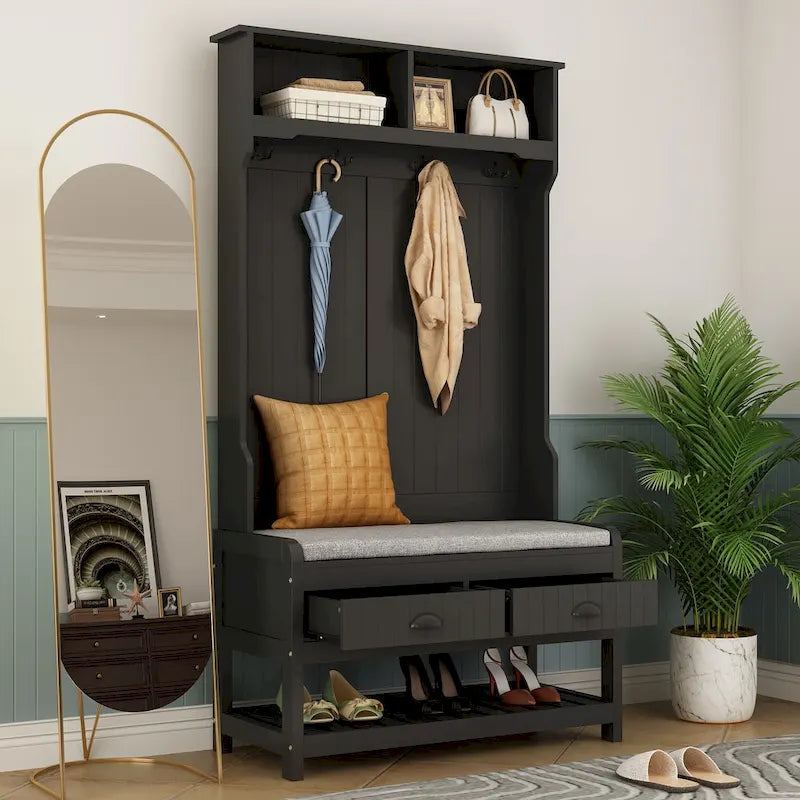 Porte-manteau d'entrée 3-en-1 de 174 cm avec banc, étagère à chaussures, patères et armoire de rangement