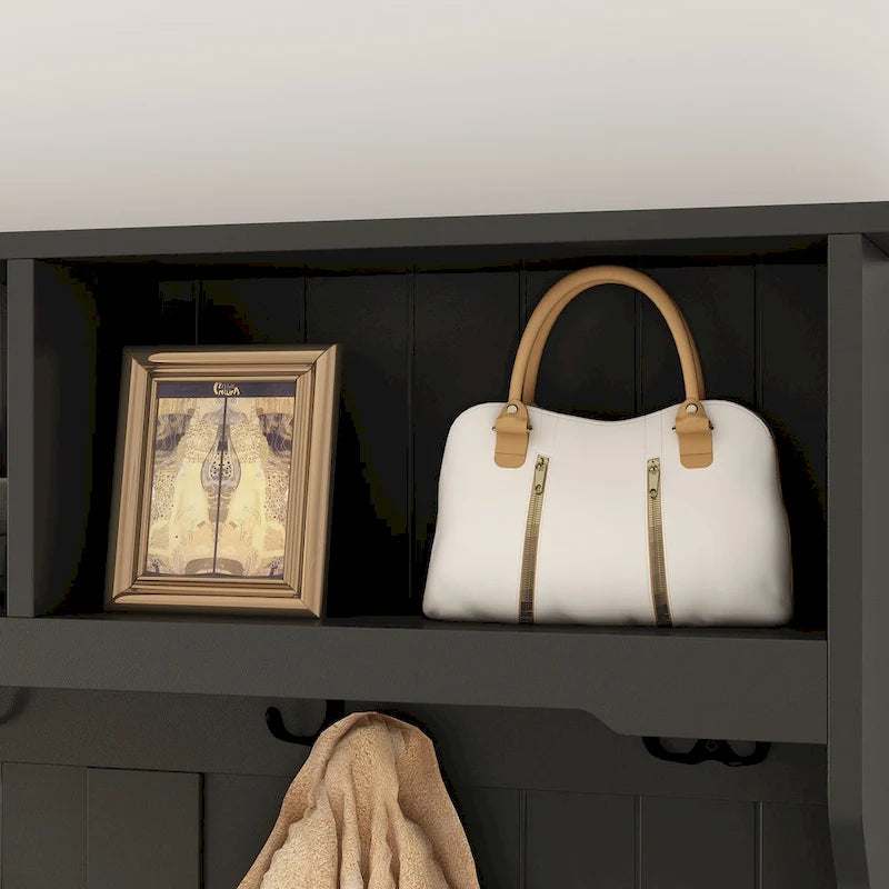 Porte-manteau d'entrée 3-en-1 de 174 cm avec banc, étagère à chaussures, patères et armoire de rangement
