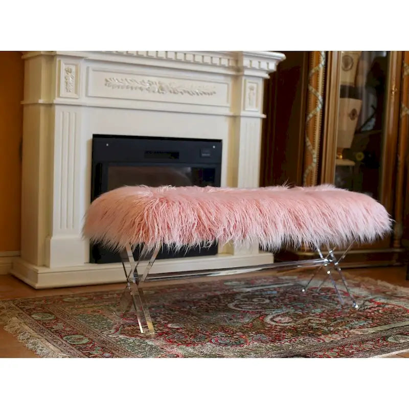 Banc d'appoint à pieds croisés en fausse fourrure – Assise glamour et moelleuse pour chambre et salon