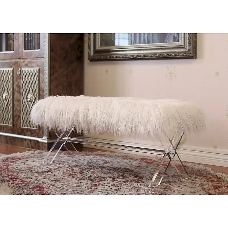 Banc d'appoint à pieds croisés en fausse fourrure – Assise glamour et moelleuse pour chambre et salon