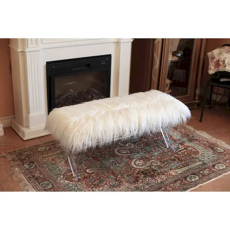 Banc d'appoint à pieds croisés en fausse fourrure – Assise glamour et moelleuse pour chambre et salon