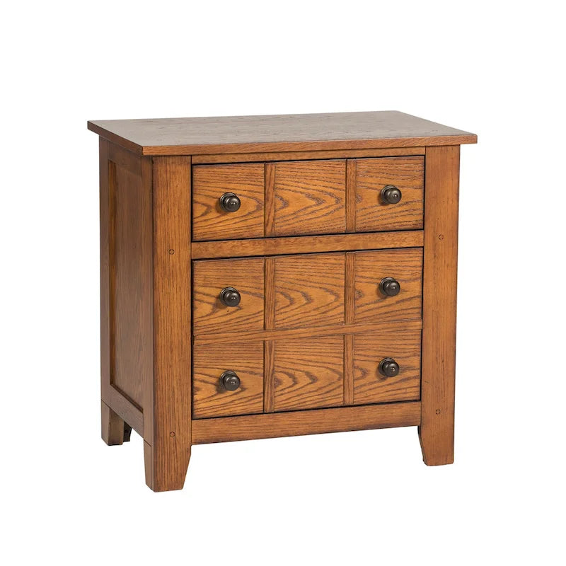Table de chevet rustique à 2 tiroirs avec assemblage à queue d'aronde et poignées en laiton antique