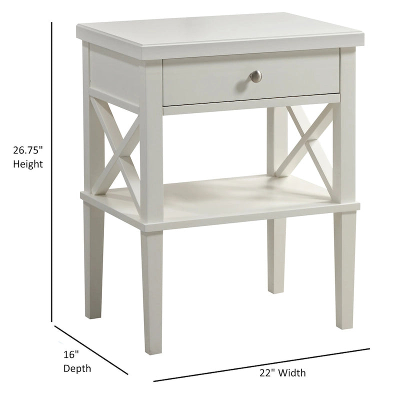 Table de chevet transitionnelle en bois avec tiroir et étagère inférieure ouverte – Détail en X, pieds fuselés
