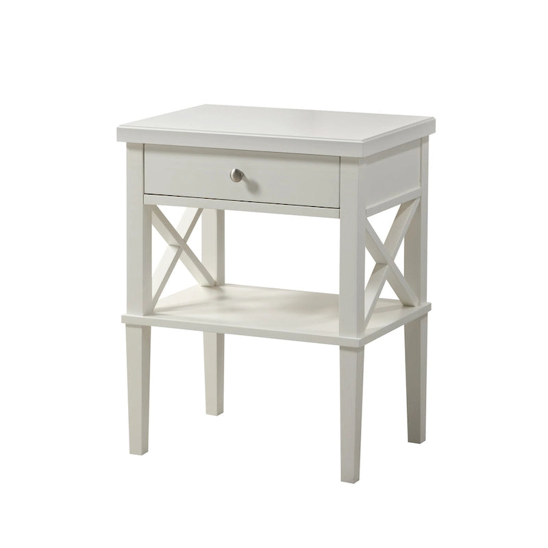 Table de chevet transitionnelle en bois avec tiroir et étagère inférieure ouverte – Détail en X, pieds fuselés