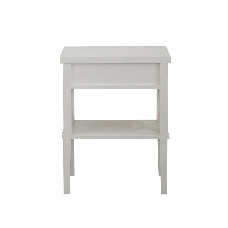 Table de chevet transitionnelle en bois avec tiroir et étagère inférieure ouverte – Détail en X, pieds fuselés