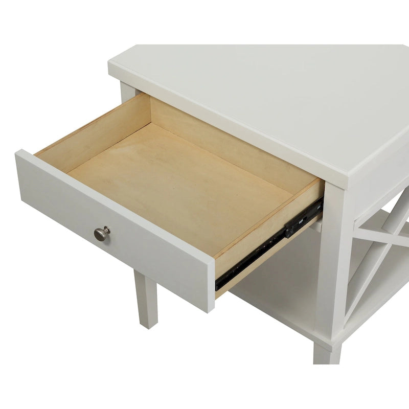 Table de chevet transitionnelle en bois avec tiroir et étagère inférieure ouverte – Détail en X, pieds fuselés