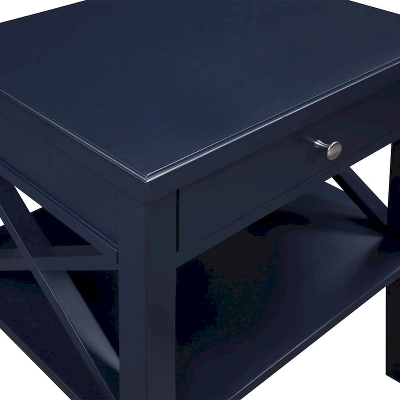 Table de chevet transitionnelle en bois avec tiroir et étagère inférieure ouverte – Détail en X, pieds fuselés