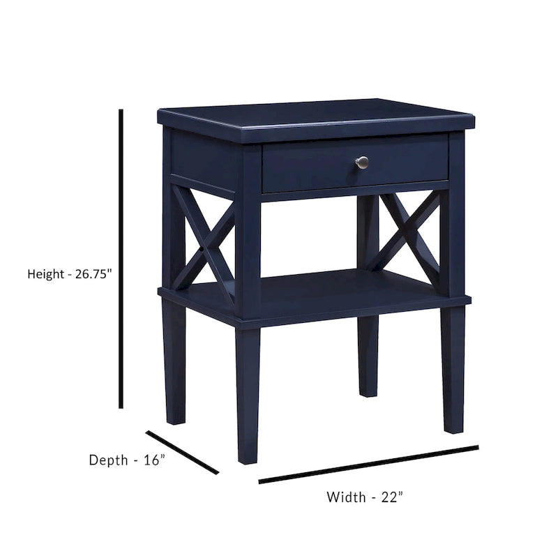 Table de chevet transitionnelle en bois avec tiroir et étagère inférieure ouverte – Détail en X, pieds fuselés