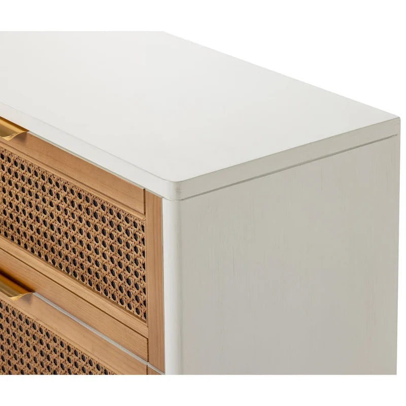 Table de chevet à 3 tiroirs façades cannées en rotin – Commode d'appoint style Ferme pour Chambre et Salon