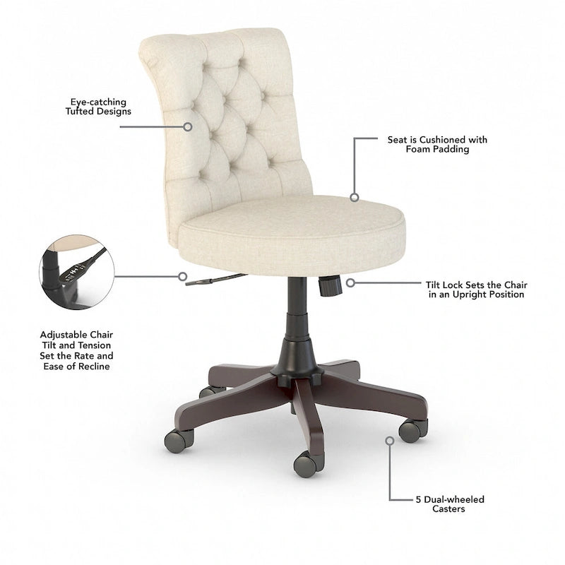 Chaise de bureau sans accoudoirs à dossier mi-haut touffeté et réglable en hauteur