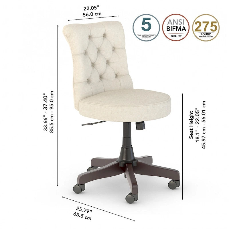 Chaise de bureau sans accoudoirs à dossier mi-haut touffeté et réglable en hauteur