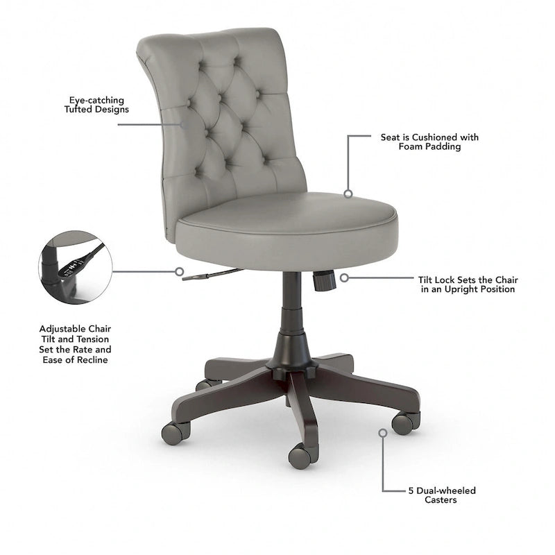 Chaise de bureau sans accoudoirs à dossier mi-haut touffeté et réglable en hauteur