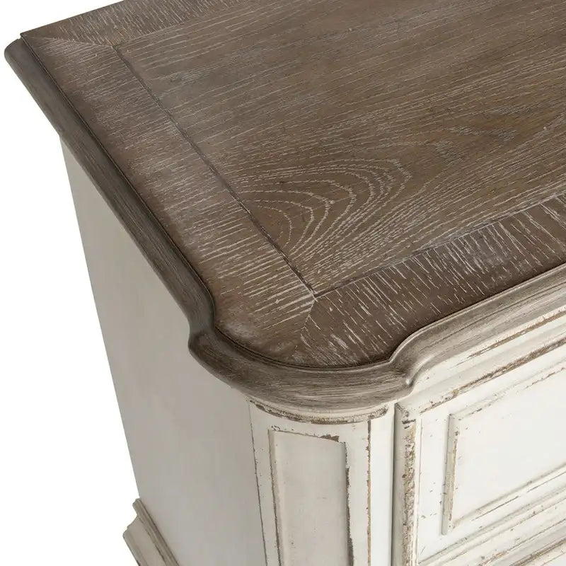 Table de chevet à 2 tiroirs en placage de chêne avec quincaillerie antique