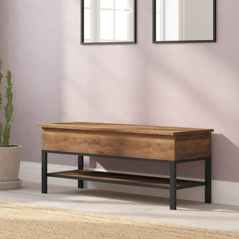 Banc de rangement d'entrée de ferme avec siège relevable et étagère inférieure ouverte – Pieds en métal