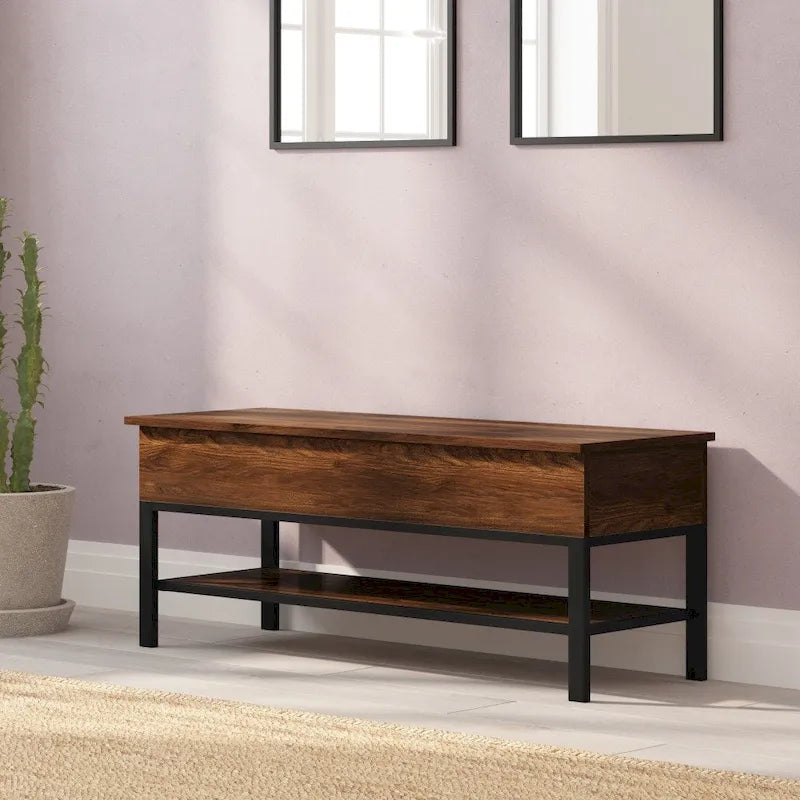 Banc de rangement d'entrée de ferme avec siège relevable et étagère inférieure ouverte – Pieds en métal