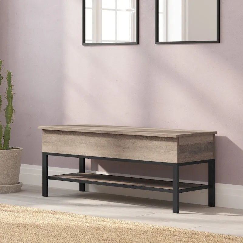 Banc de rangement d'entrée de ferme avec siège relevable et étagère inférieure ouverte – Pieds en métal