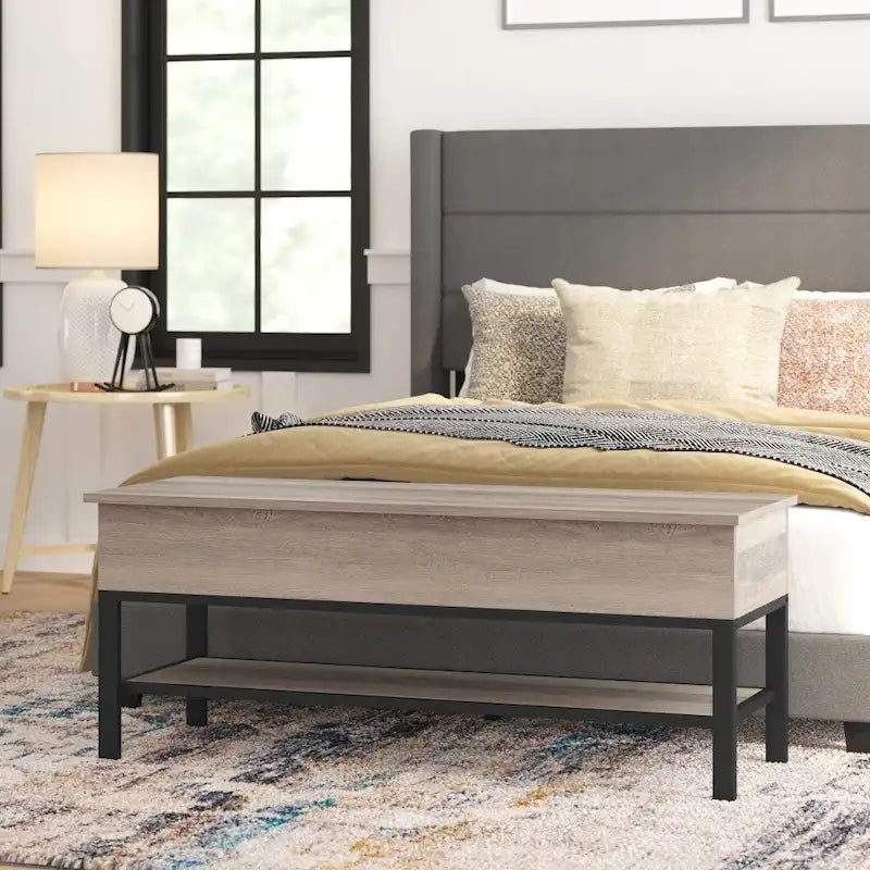 Banc de rangement d'entrée de ferme avec siège relevable et étagère inférieure ouverte – Pieds en métal