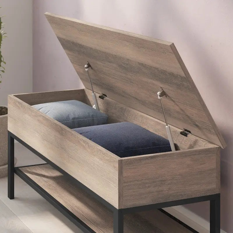 Banc de rangement d'entrée de ferme avec siège relevable et étagère inférieure ouverte – Pieds en métal