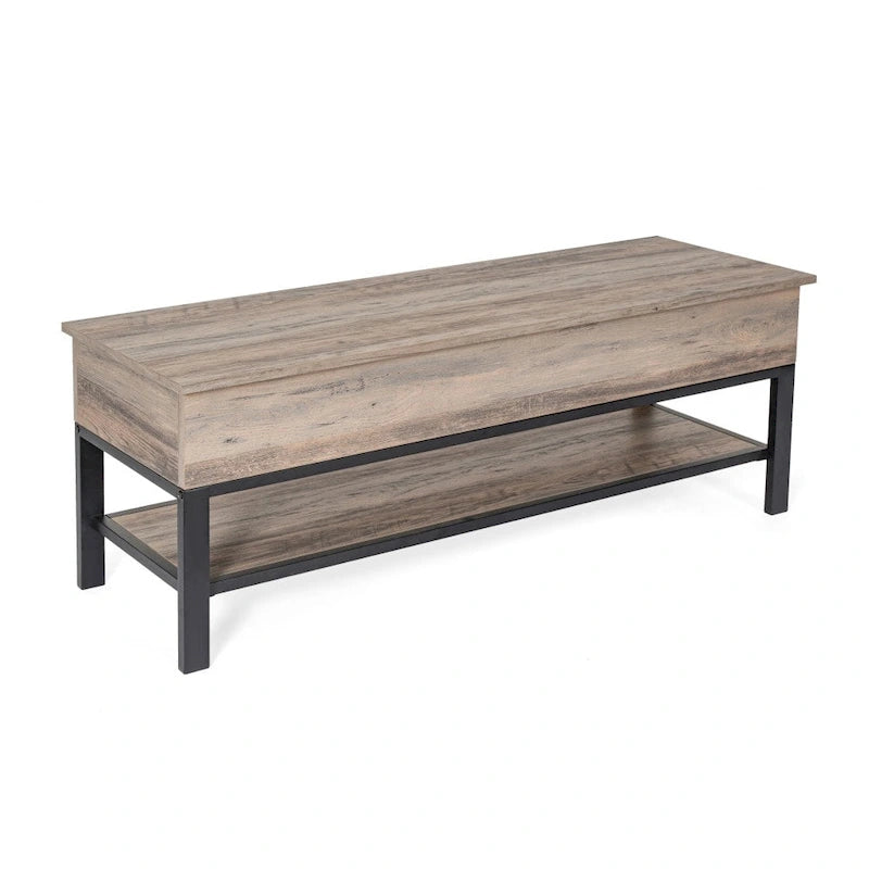 Banc de rangement d'entrée de ferme avec siège relevable et étagère inférieure ouverte – Pieds en métal