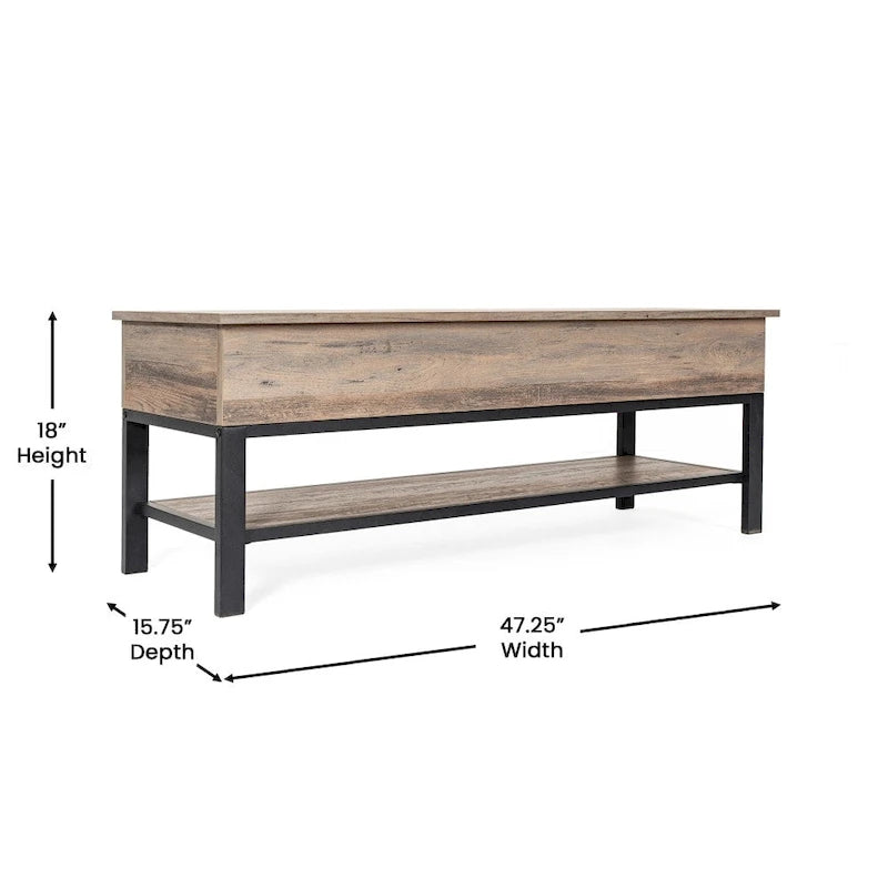 Banc de rangement d'entrée de ferme avec siège relevable et étagère inférieure ouverte – Pieds en métal