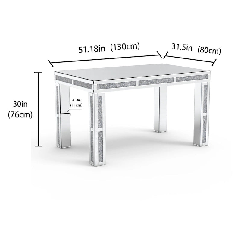 Table à manger rectangulaire miroir avec incrustations de diamants écrasés – Pièce maîtresse glamour pour salle à manger