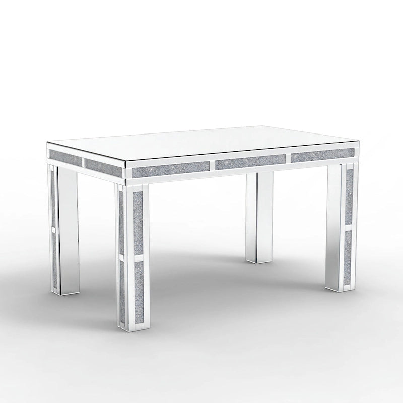 Table à manger rectangulaire miroir avec incrustations de diamants écrasés – Pièce maîtresse glamour pour salle à manger