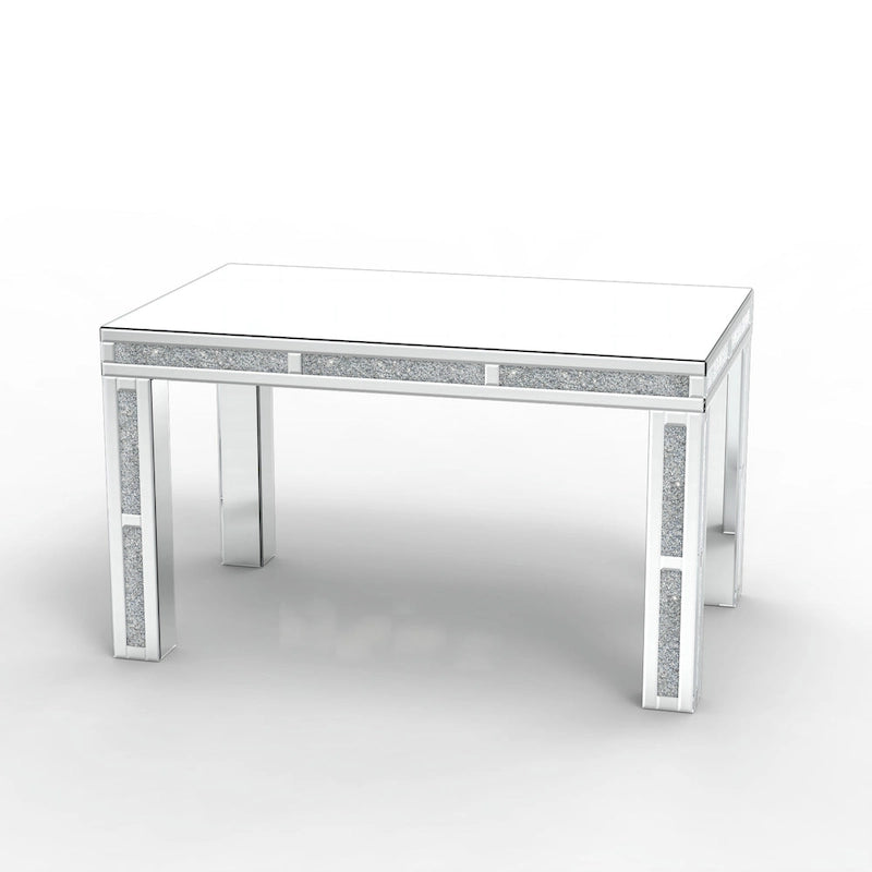 Table à manger rectangulaire miroir avec incrustations de diamants écrasés – Pièce maîtresse glamour pour salle à manger