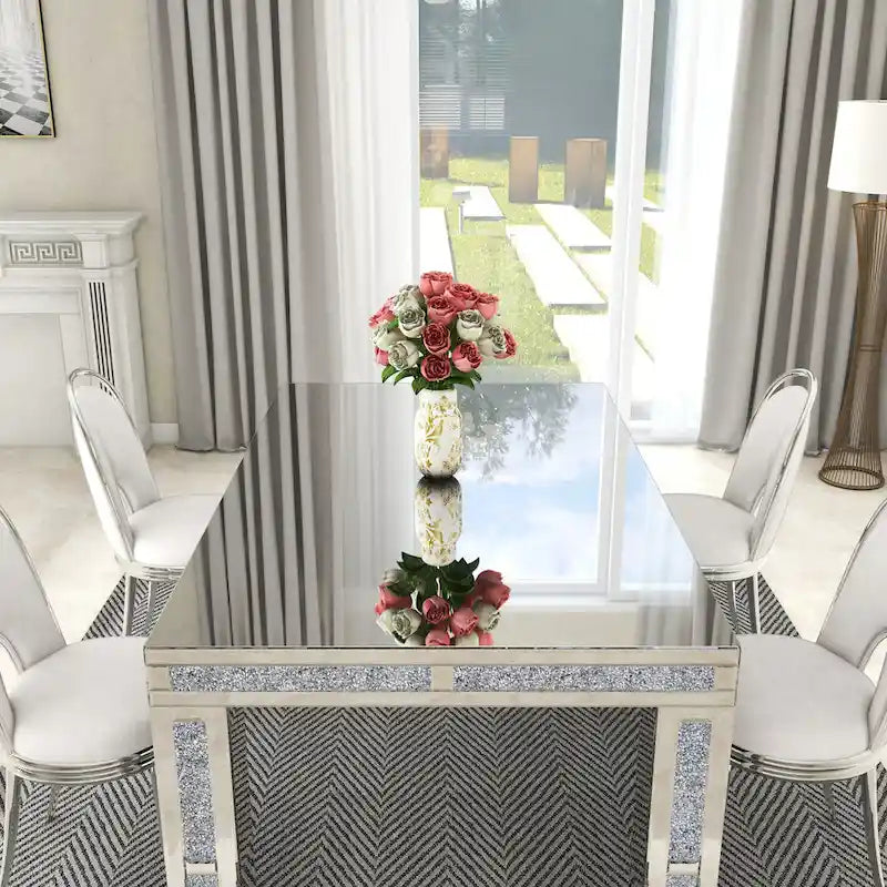 Table à manger rectangulaire miroir avec incrustations de diamants écrasés – Pièce maîtresse glamour pour salle à manger